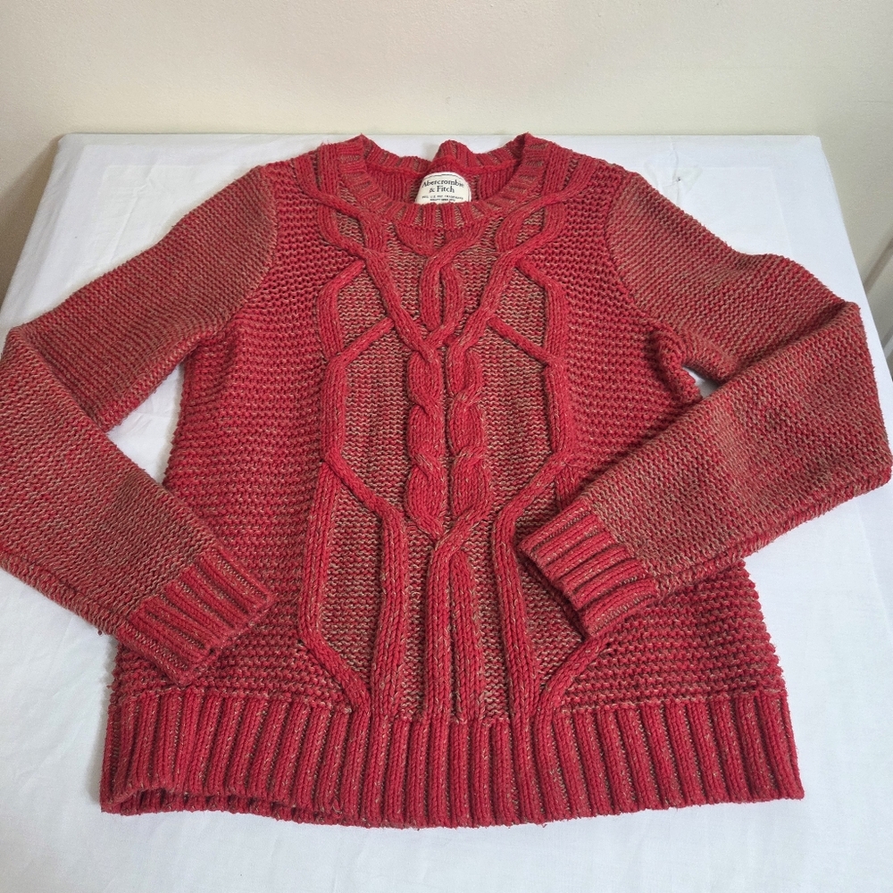 abercrombie & fitch cableknit fishermans crewneck sweater sz L wmns red nautical - Picture 3 of 11
